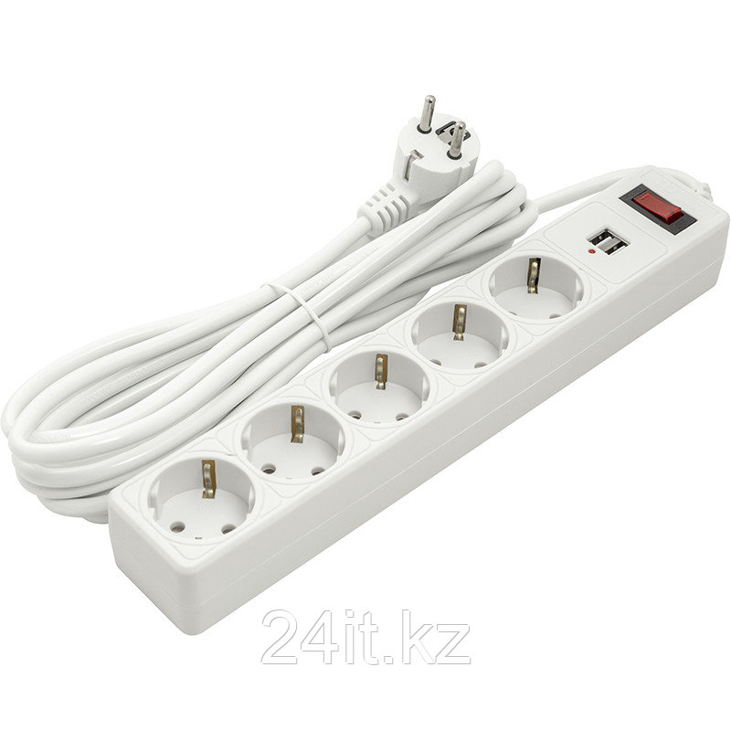 Сетевой фильтр PowerPlant 5 м, 3x1.5мм2, 10А, 5 розеток, 2xUSB 2.1A, евростандарт (JY-1056U/5)