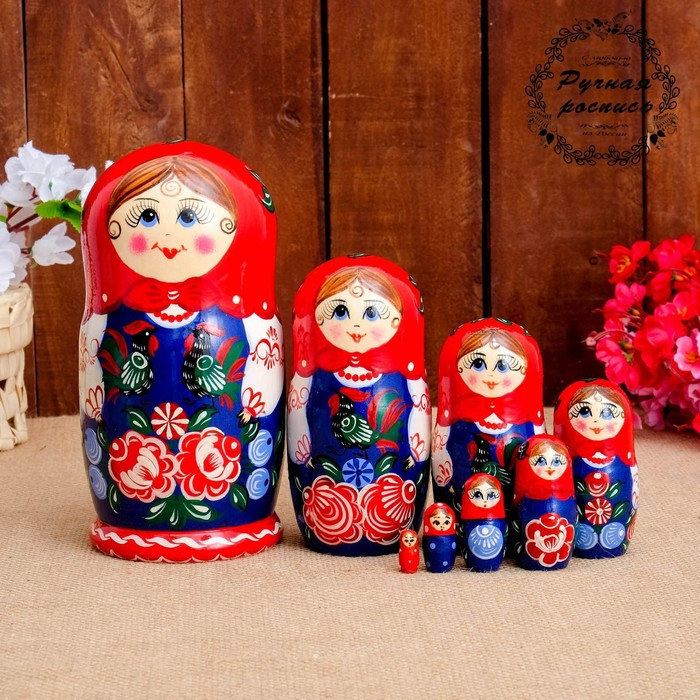 Матрёшка «Птица на фартуке», красный платок, 8 кукольная, 19 см