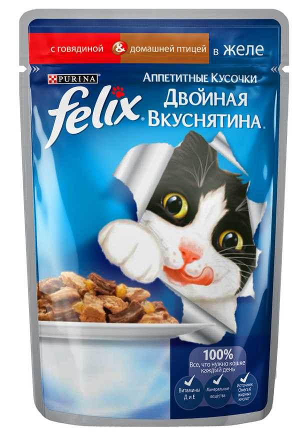 Влажный корм Феликс для кошек Двойной вкус Говядина/птица
