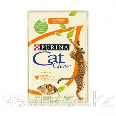 Cat Chow, Кэт Чау влажный корм для кошек с курицей и кабачками, пауч 85гр.
