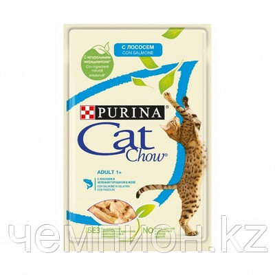 Cat Chow, Кэт Чау влажный корм для кошек с лососем и зелёной фасолью, пауч 85гр.