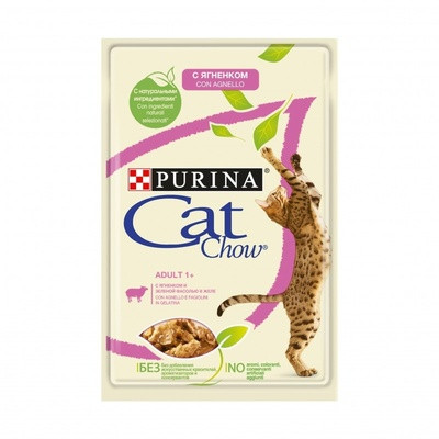 Cat Chow, Кэт Чау влажный корм для кошек с ягнёнком и зелёной фасолью, уп.26*85гр.