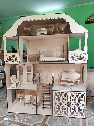 Огромный кукольный эко домик (в комплекте 17 предметов мебели)