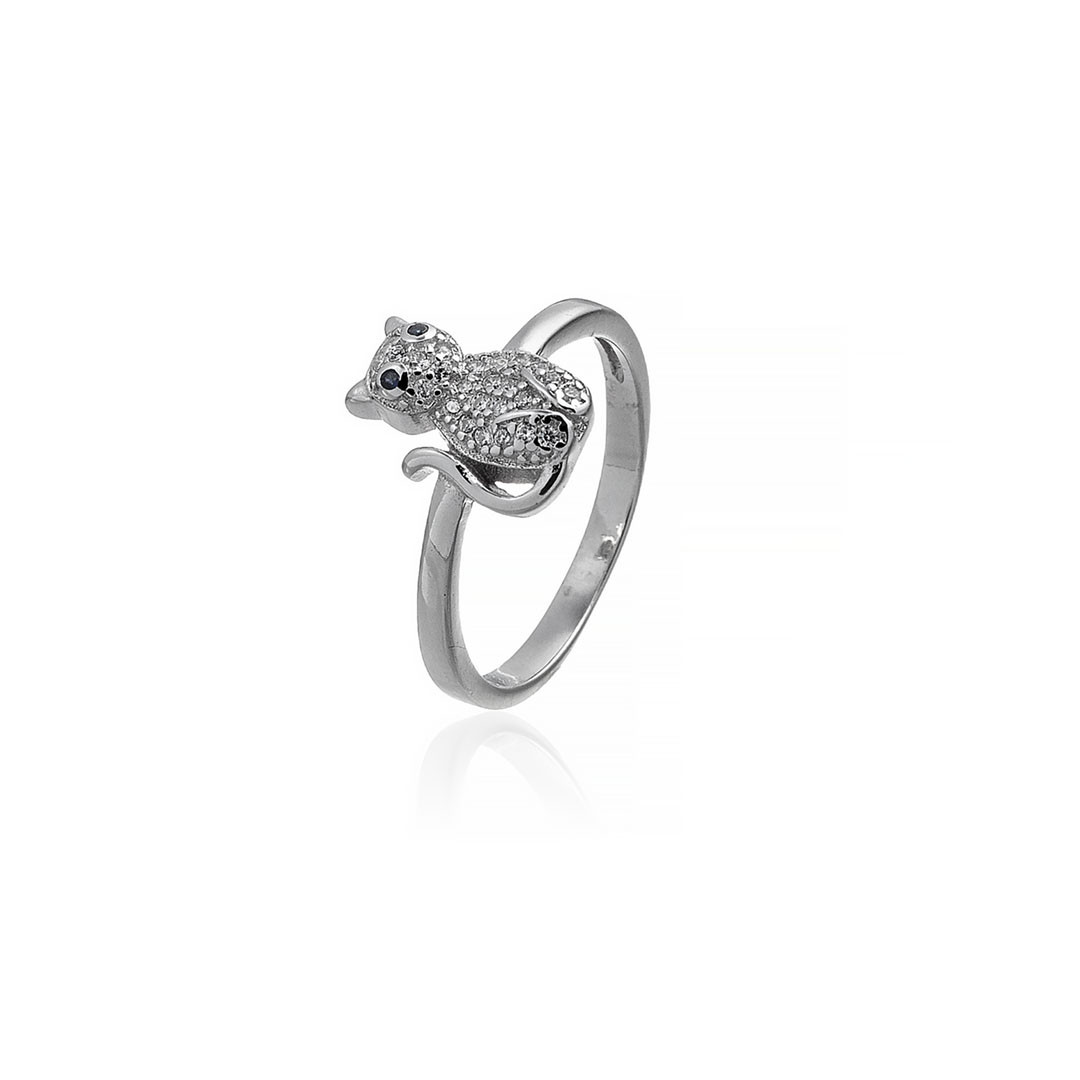 Серебряное кольцо "Кошка". Вставка: белые фианиты, вес: 2 гр, размер: 16, покрытие родий