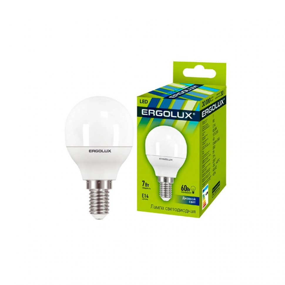Эл. лампа светодиодная, Ergolux, LED-G45-7W-E14-6K, Шар, Мощность 7Вт, Тип колбы G45, Цвет. температ