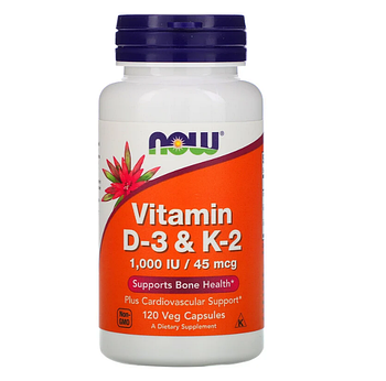 Now Foods, Витамины D3 и K2, 120 растительных капсул