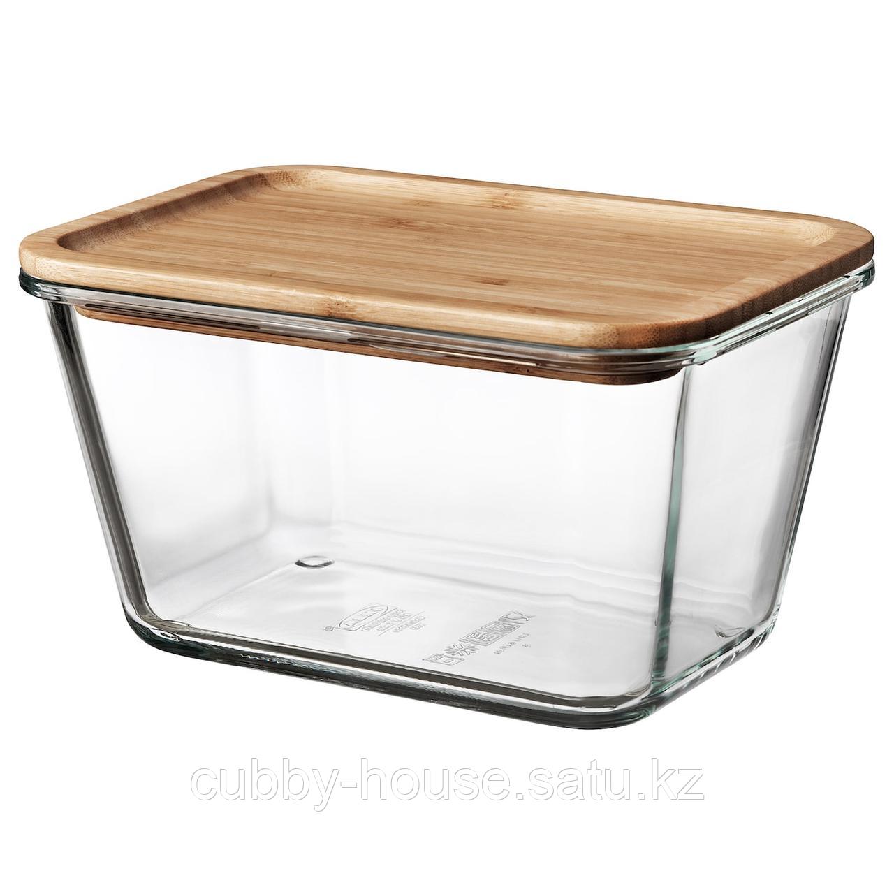 ИКЕА/365+ Контейнер для продуктов с крышкой, прямоугольн формы стекло, стекло бамбук, 1.8 л