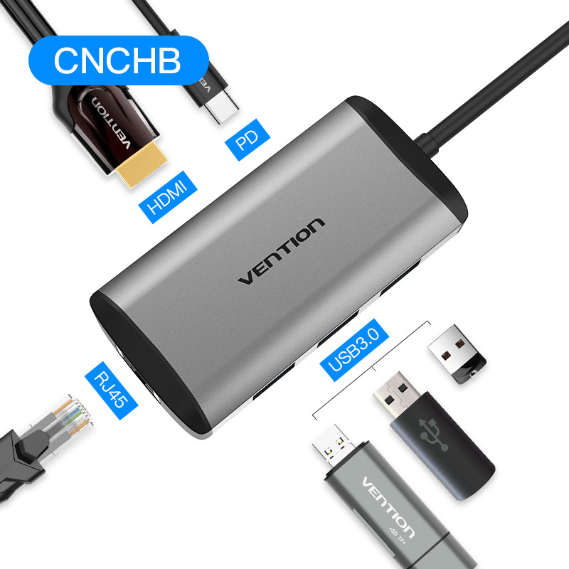 Type C мультифункциональный хаб-конвертор. 1*Ethernet, 1*HDMI, 3*USB 3.0, +PD(87W)