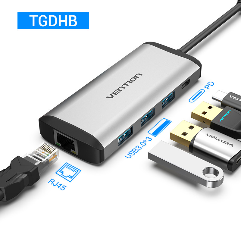 Type C мультифункциональный хаб-конвертор. 1*Ethernet, 3*USB 3.0 + PD(87W)