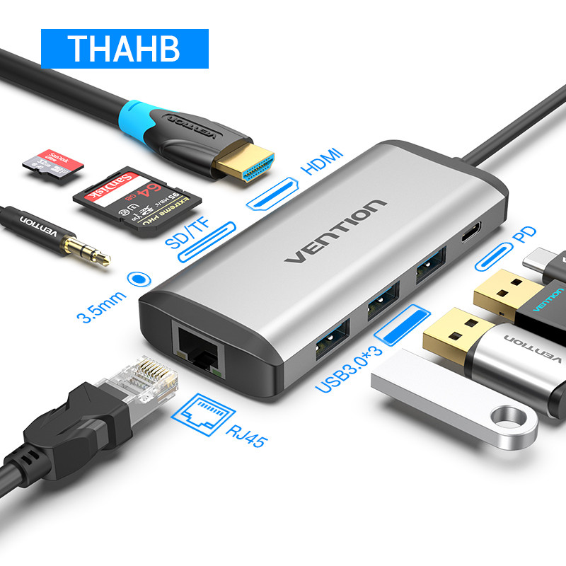 Type C мультифункциональный хаб-конвертор. 1*Ethernet, 1*Audio, 1*HDMI, 3*USB 3.0, 2*card reader +PD(87W)