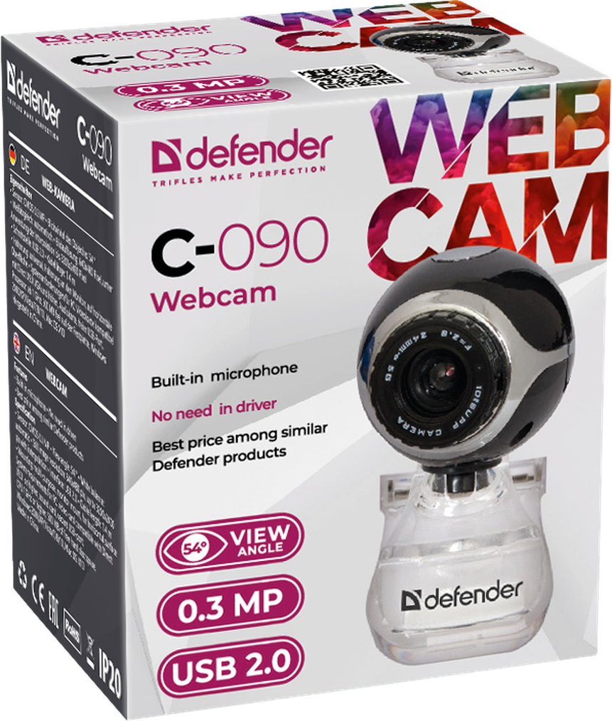 Web-camera Defender C-090 USB 2.0, 0.3Mp, 640x480, микрофон, черный - фото 1 - id-p79131973