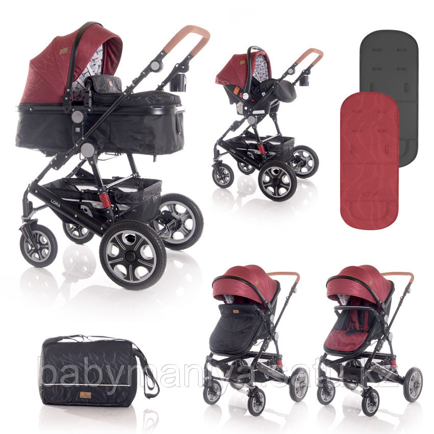 Коляска 3 в 1 Lorelli Lora Set + Сумка для мамы Красно-черный / Red&Black LIGHTHOUSE 2055