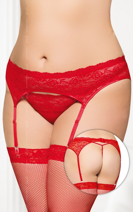 Пояс для чулок и стринги кружевные красные-XXXL