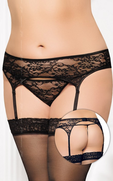 Пояс для чулок и стринги кружевные SoftLine Collection, черный, XL