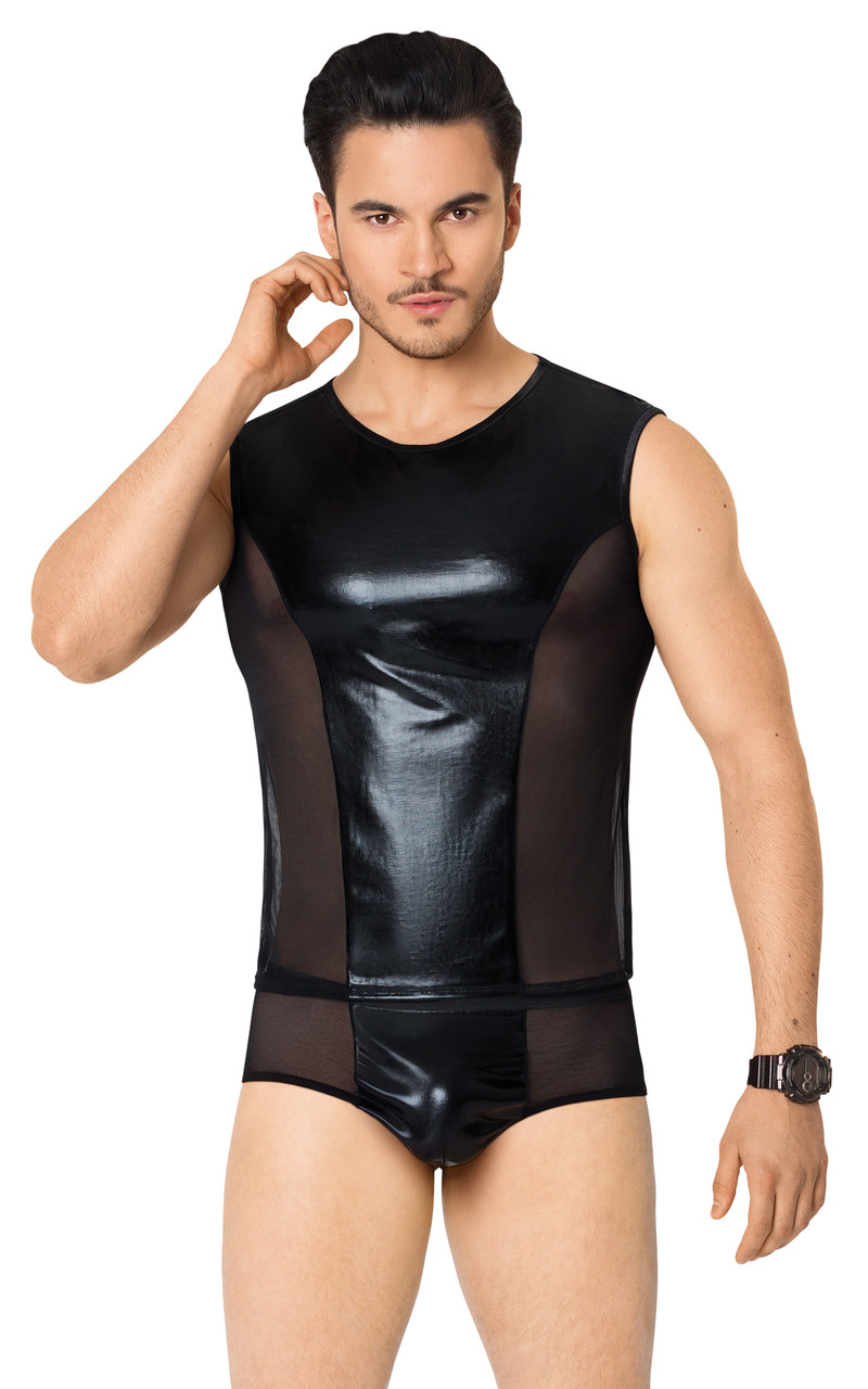Костюм сетка + wetlook мужской SoftLine Collection (майка, шорты), чёрный, M/L