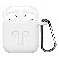 Apple AirPods 1/2 үшін силиконнан жасалған қорап (карабині бар, ақ)