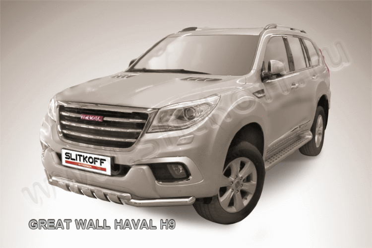 Защита переднего бампера d57+d57 двойная с профильной ЗК Haval H9