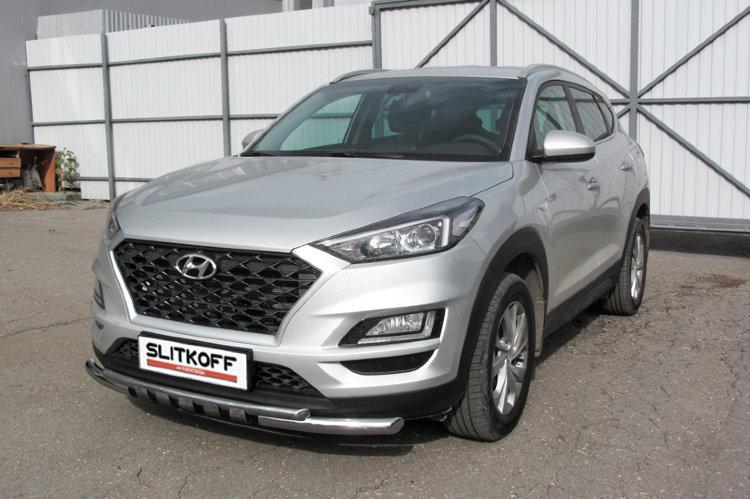 Защита переднего бампера d57+d42 двойная с декоративными элементами Hyundai Tucson (2018) Turbo