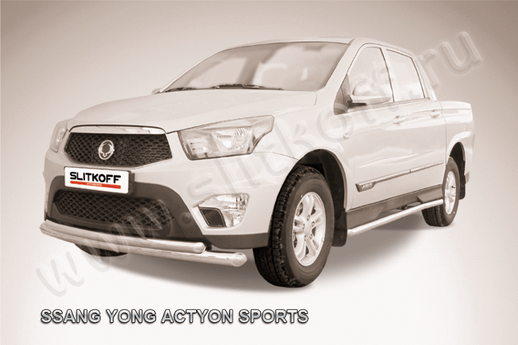 Защита переднего бампера d76+d57 двойная радиусная SsangYong ACTYON SPORT (2013)