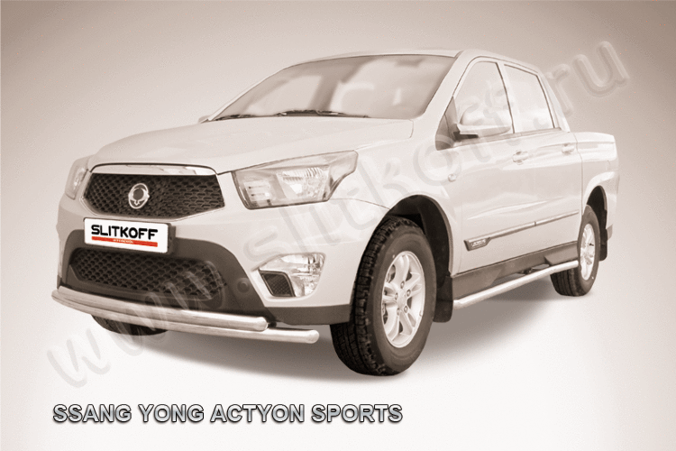 Защита переднего бампера d57+d57 двойная радиусная SsangYong ACTYON SPORT (2013)
