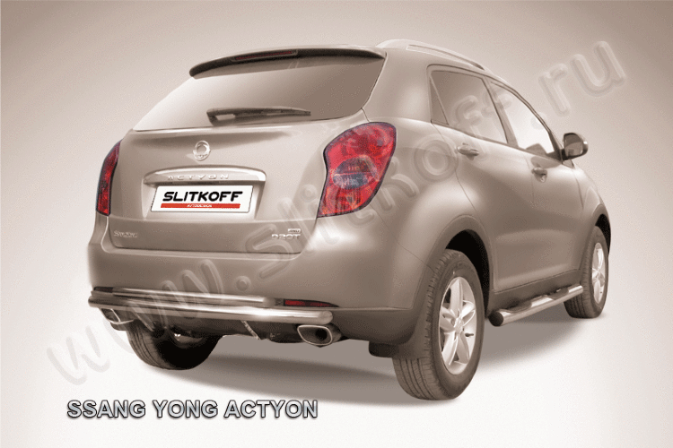 Защита заднего бампера d57+d42 двойная длинная SsangYong ACTYON (2011)