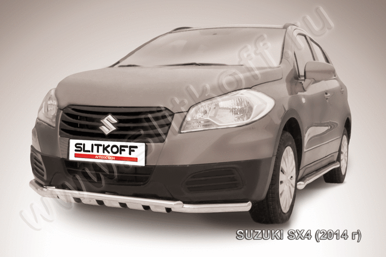 Защита переднего бампера d57+d42 двойная с профильной ЗК Suzuki SX-4 (2014)