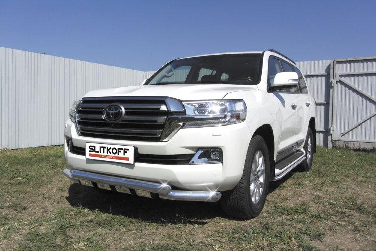 Защита переднего бампера d76+d76 двойная с профильной защитой картера TOYOTA LAND CRUISER 200 (2015)