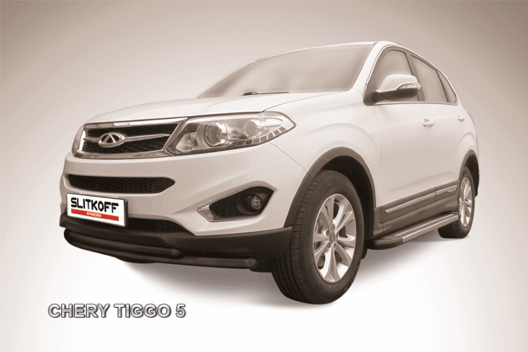 Защита переднего бампера d57+d42 двойная радиусная черная Chery Tiggo 5