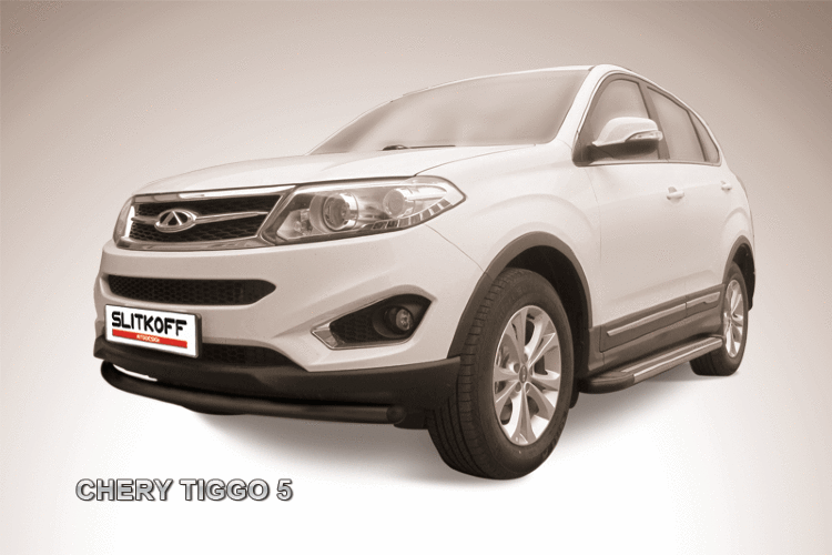 Защита переднего бампера d57 радиусная черная Chery Tiggo 5