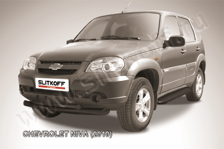 Защита переднего бампера d76+d57 двойная черная Chevrolet Niva (2010)