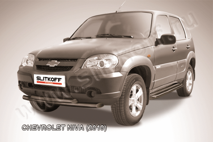 Защита переднего бампера d57+d57 двойная черная Chevrolet Niva (2010)