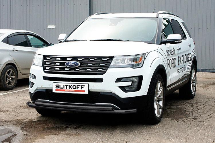 Защита переднего бампера d57+d57 двойная черная Ford Explorer (2018)