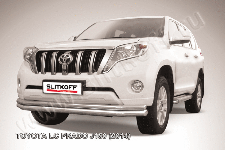 Защита переднего бампера d76+d57 двойная длинная Toyota Land Cruiser Prado (2014)
