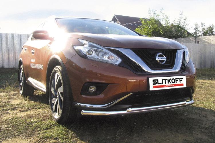 Защита переднего бампера d57+d42 двойная длинная Nissan Murano (2016)