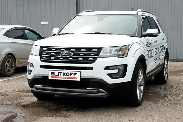 Защита переднего бампера d76+d57 двойная черная Ford Explorer (2015)