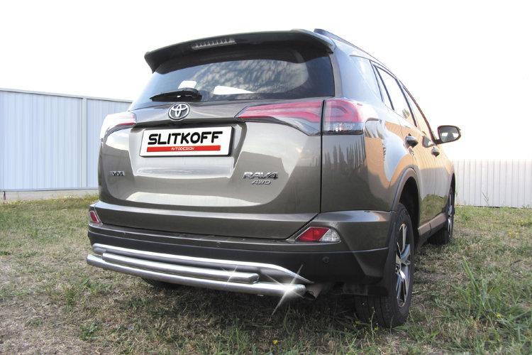 Защита заднего бампера d57+d42 двойная радиусная Toyota RAV4 (2015)