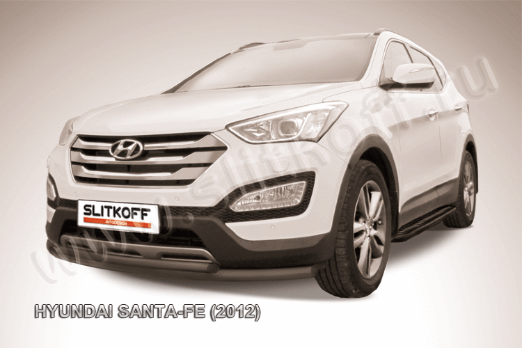 Защита переднего бампера d57+d42 двойная черная Hyundai Santa Fe (2012)