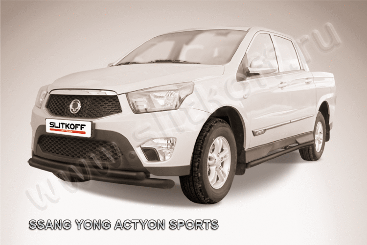 Защита переднего бампера d76+d57 двойная радиусная черная SsangYong ACTYON SPORT (2013)