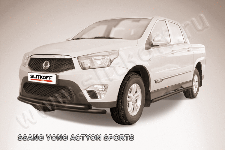 Защита переднего бампера d57+d57 двойная радиусная черная SsangYong ACTYON SPORT (2013)