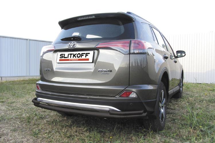 Защита заднего бампера d57+d42 двойная длинная черная Toyota RAV4 (2015)