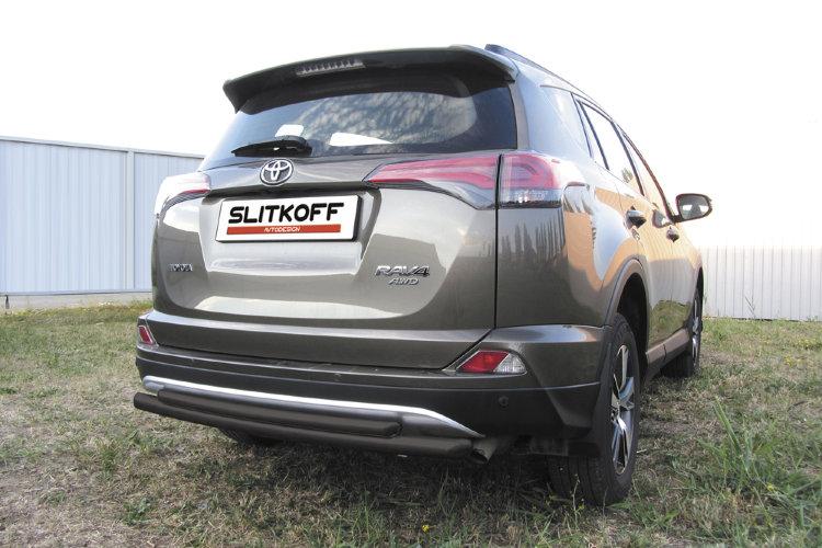 Защита заднего бампера d57+d42 двойная радиусная черная Toyota RAV4 (2015)