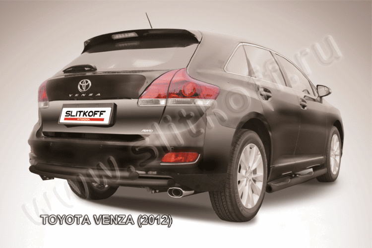 Защита заднего бампера d57+d57 двойная радиусная черная Toyota Venza (2012)