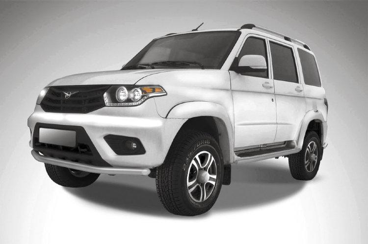 Защита переднего бампера d57 серебристая UAZ Patriot 2014