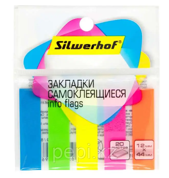 Стикер-индекс SILWERHOF 44х12 мм, пластиковые 5 цв х 20 листов