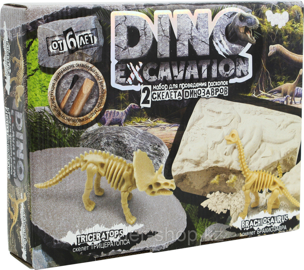 Набор для проведения раскопок "DINO EXCAVATION" скелет Трицератопса, скелет Брахиозавра (6шт.)