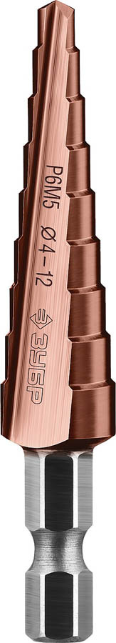 Сверло ступенчатое ЗУБР 4-12 мм, 5 ступеней, кобальтовое покрытие, серия "Профессионал" (29672-4-12-9_z01)