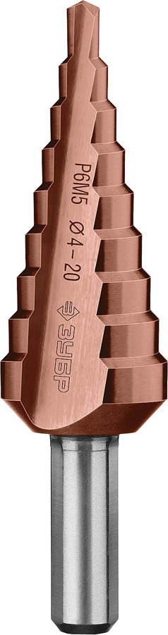 Сверло ступенчатое ЗУБР 4-20 мм, 9 ступеней, кобальтовое покрытие, серия "Профессионал" (29672-4-20-9_z01)