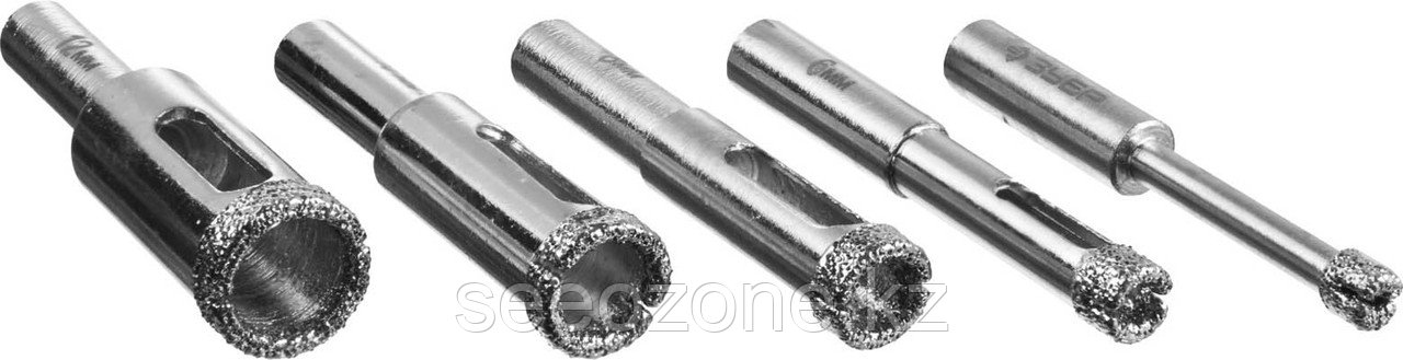 Набор сверл алмазных трубчатых по кафелю и стеклу ЗУБР Ø4, 6, 8, 10, 12 мм, 5 предметов (29850-H5)