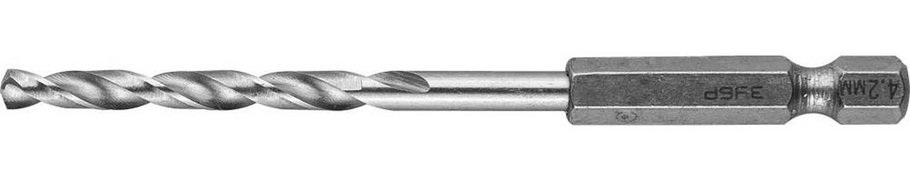 Сверло спиральное по металлу ЗУБР Ø 4.2 x 93 мм, НЕХ 1/4" (29623-093-4.2), фото 1