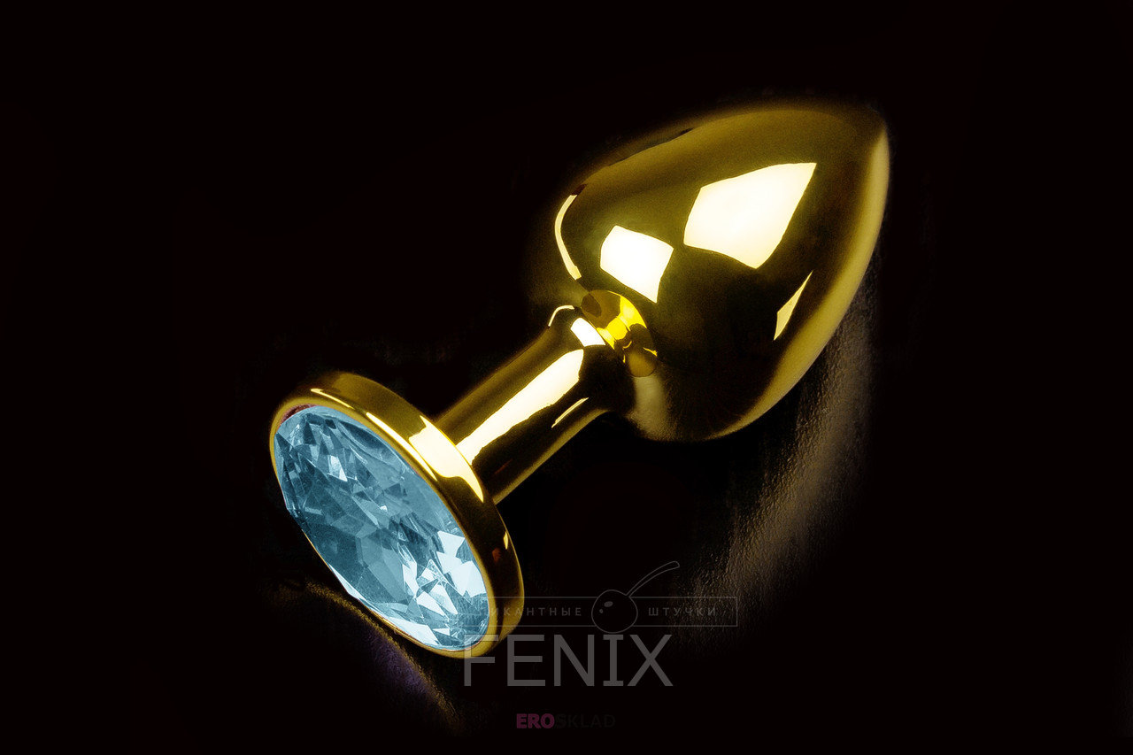 Маленькая золотистая анальная пробка с круглым кончиком и кристаллом - 7 см, Голубой